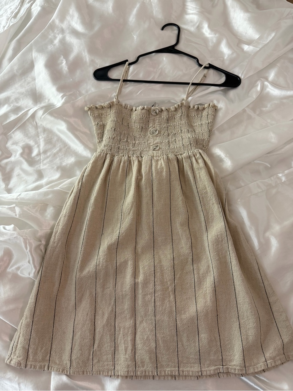 Cream Smocked Midi Sundress with Thin Stripes